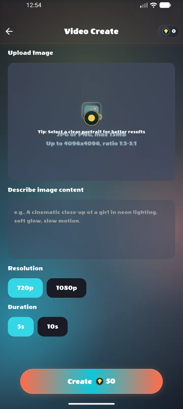 VexaMotion AI creation screen with image upload, prompt, resolution, and duration controls