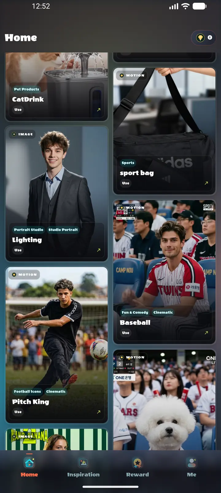 VexaMotion AI home screen with creative motion templates